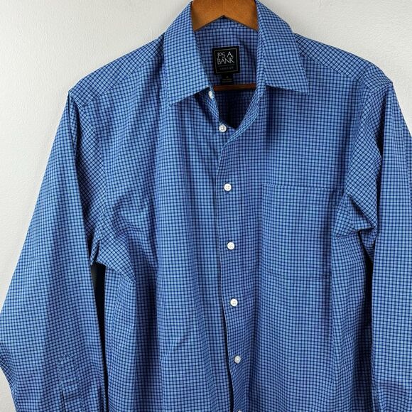 Jos A Banks Men Dress Shirt Medium Blue check Long Sleeve Traveler Cotton - Picture 3 of 7
